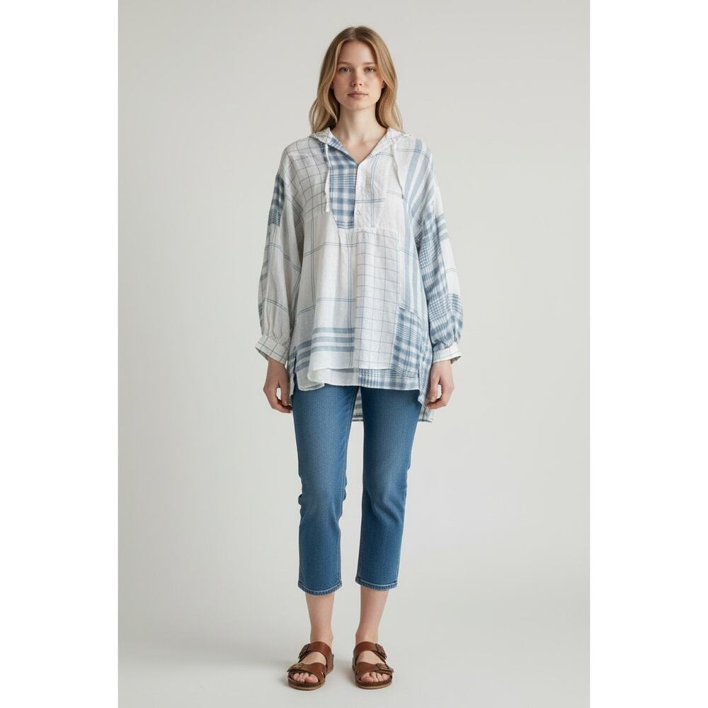 Polo Ralph Lauren Womens Linen Blend Long Sleeve Tunic Top White Blue Medium